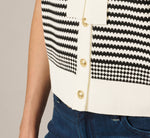 Short Sleeve Tie Neck Cardigan In Ivory Black 5