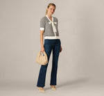 Short Sleeve Tie Neck Cardigan In Ivory Black 2