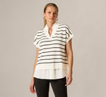 Short Sleeve Drop Shoulder Twofer Sweater In Ivory Black W  Ivory 3