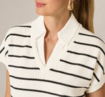 Short Sleeve Drop Shoulder Twofer Sweater In Ivory Black W  Ivory 4