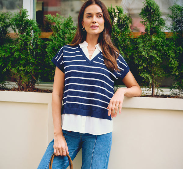 Navy Short Sleeve Drop Shoulder Twofer Sweater - Adrianna Papell