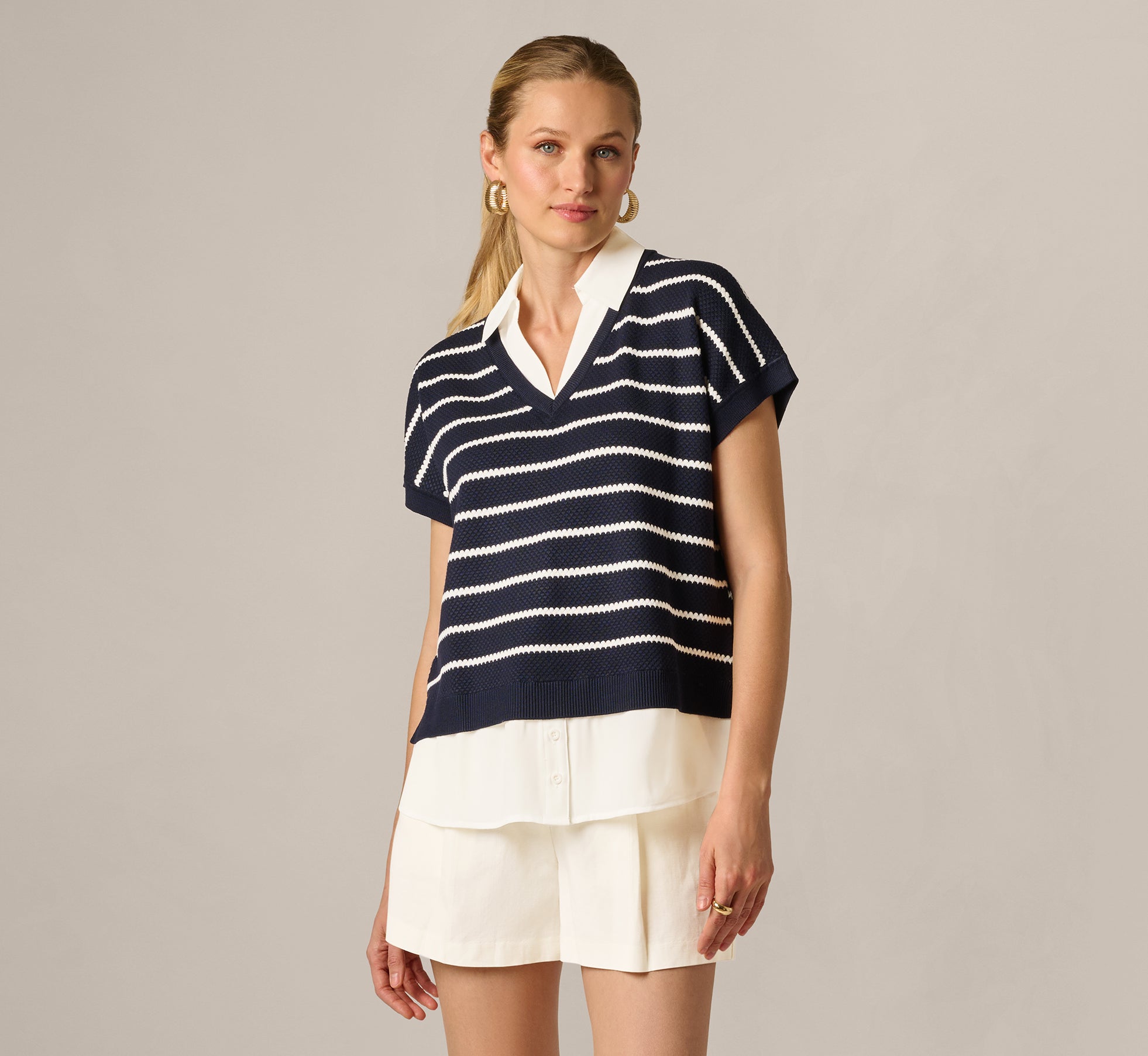 Navy Short Sleeve Drop Shoulder Twofer Sweater - Adrianna Papell