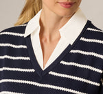 Short Sleeve Drop Shoulder Twofer Sweater In Navy Ivory W  Ivory 5