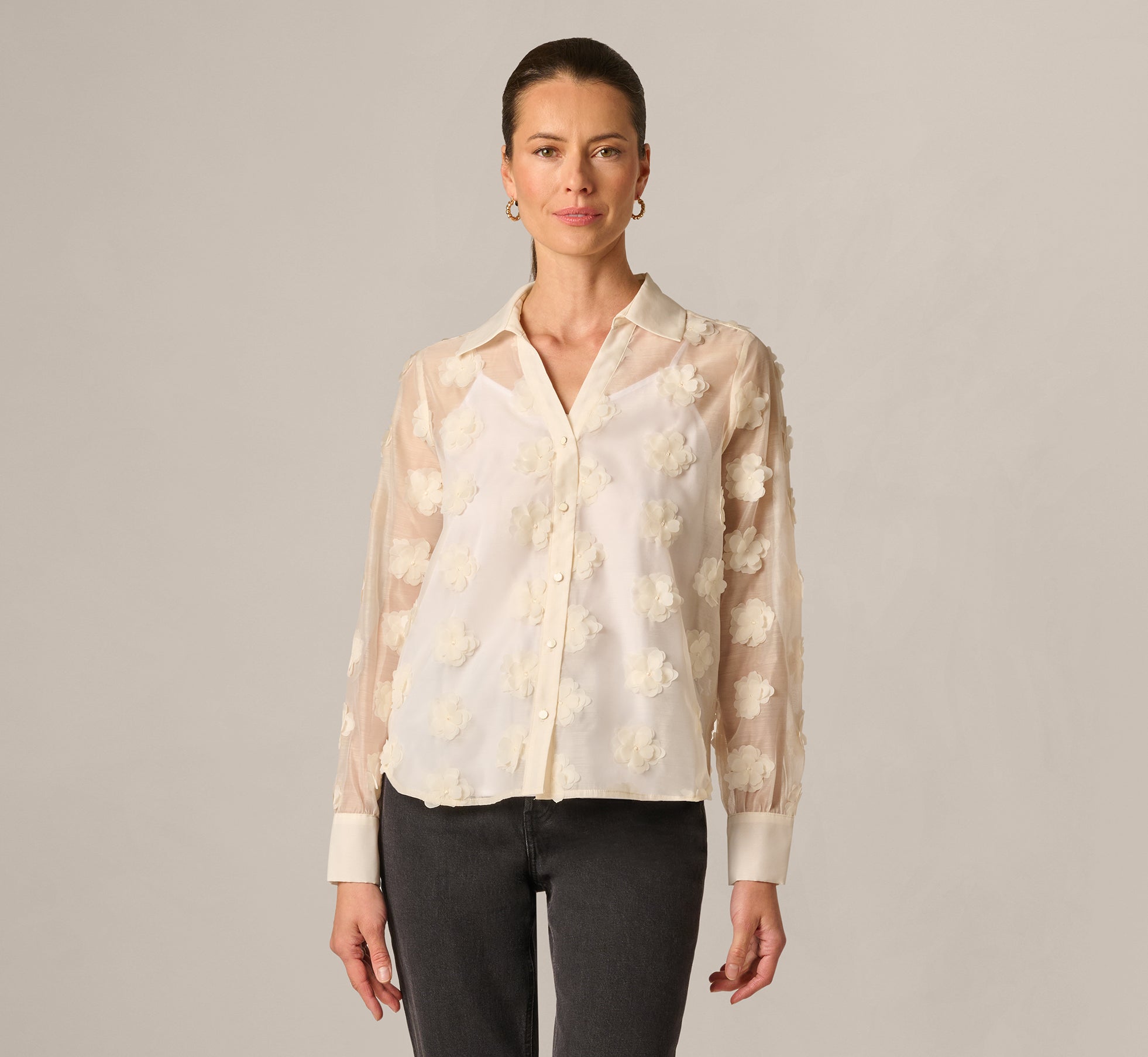White Long Sleeve Sheer 3D Floral Petal Blouse - Adrianna Papell