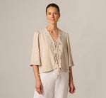 Bell Sleeve Floral Embroidered Tie Front Top In Pebble 3