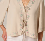 Bell Sleeve Floral Embroidered Tie Front Top In Pebble 4