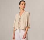 Bell Sleeve Floral Embroidered Tie Front Top In Pebble 1