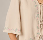 Bell Sleeve Floral Embroidered Tie Front Top In Pebble 5