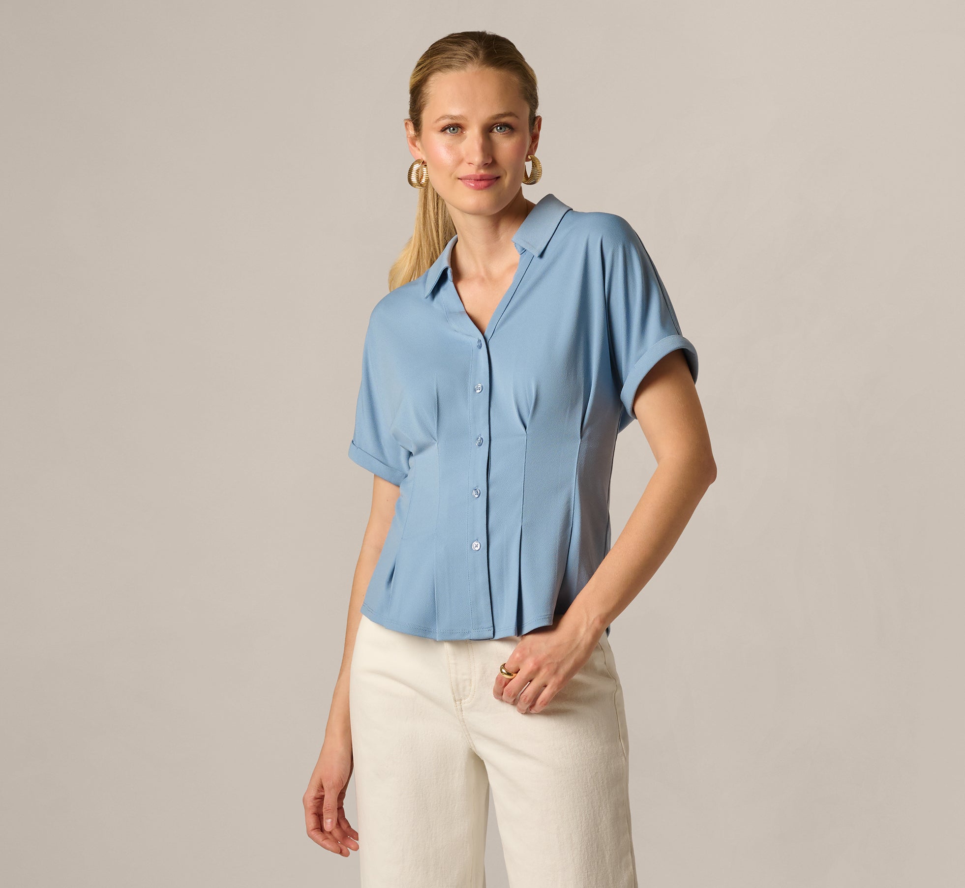 short sleeve dress shirt women Short Sleeve Pleated Waist Blouse In Rain Washed