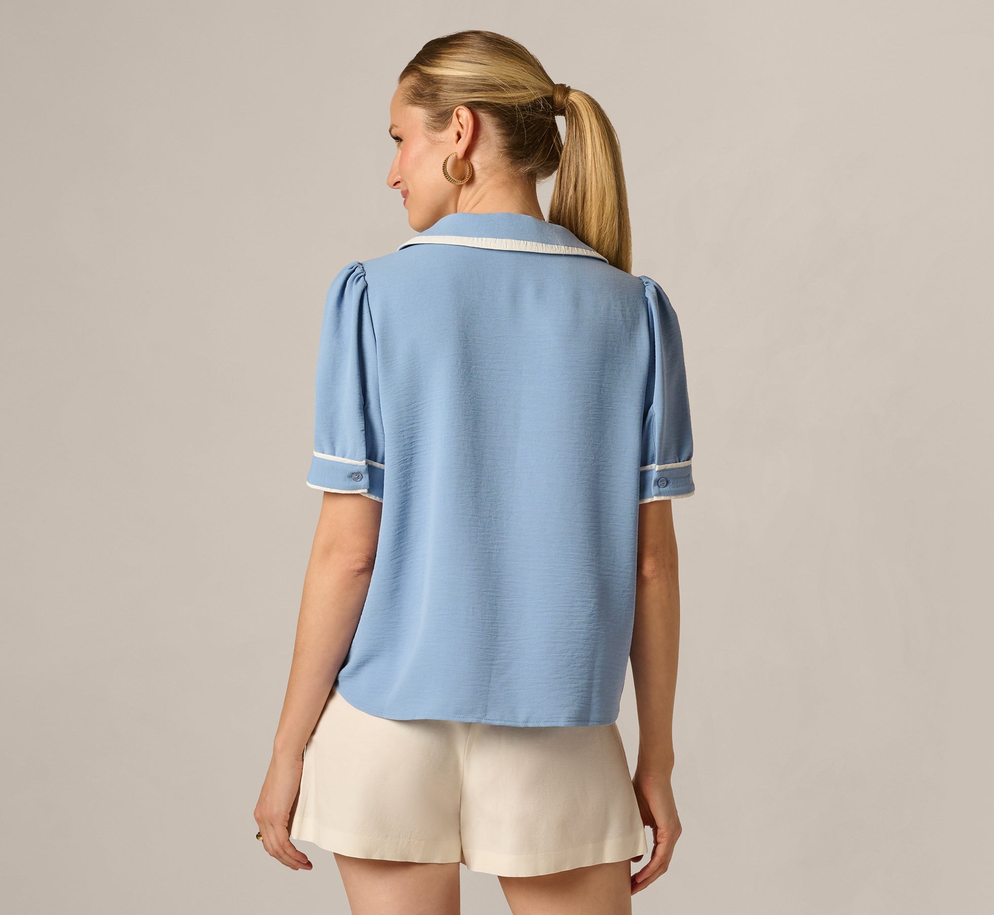 Blue Puff Sleeve Sailor Collar Blouse - Adrianna Papell