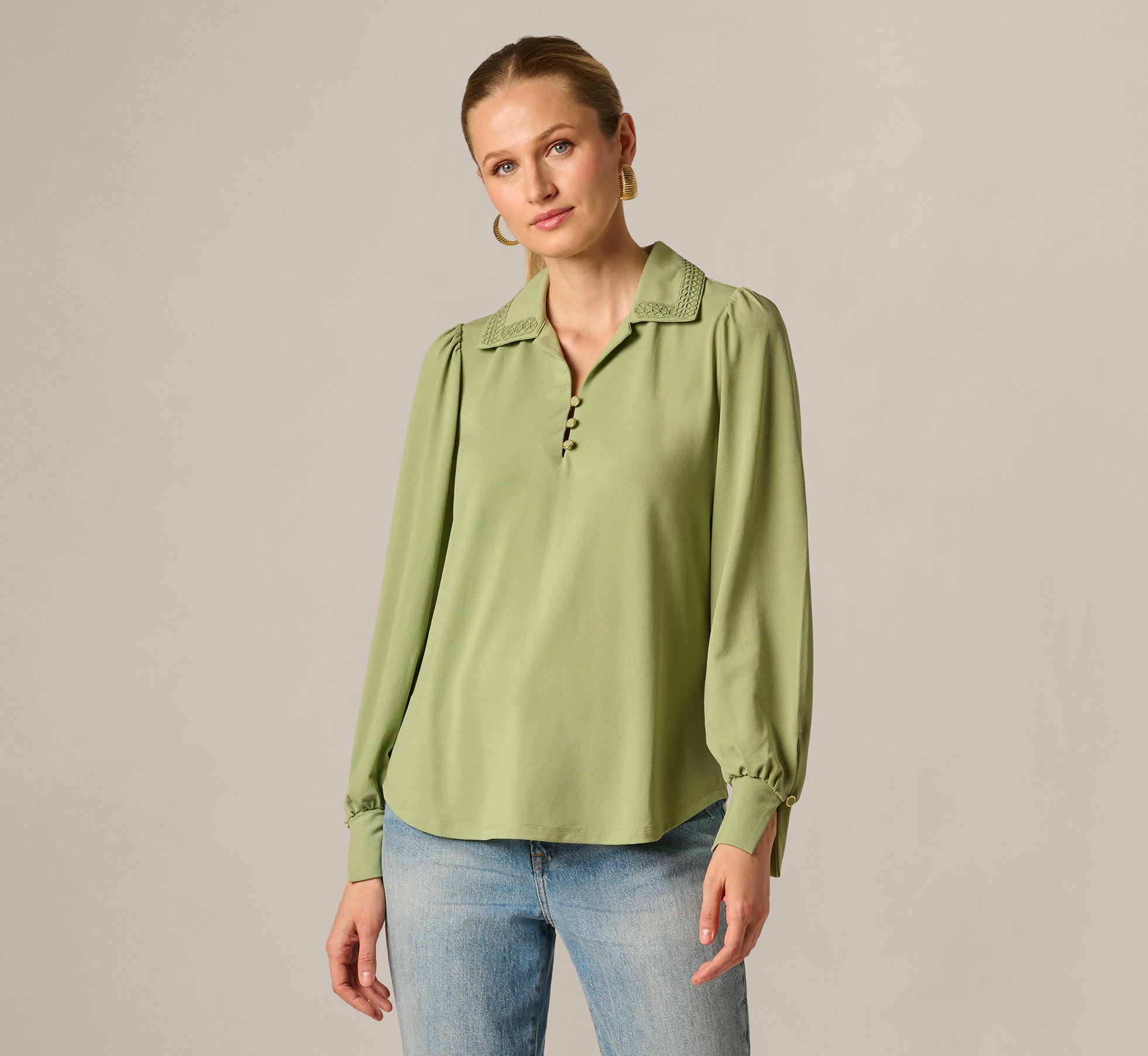 Green Bishop Sleeve Embroidered Blouse - Adrianna Papell