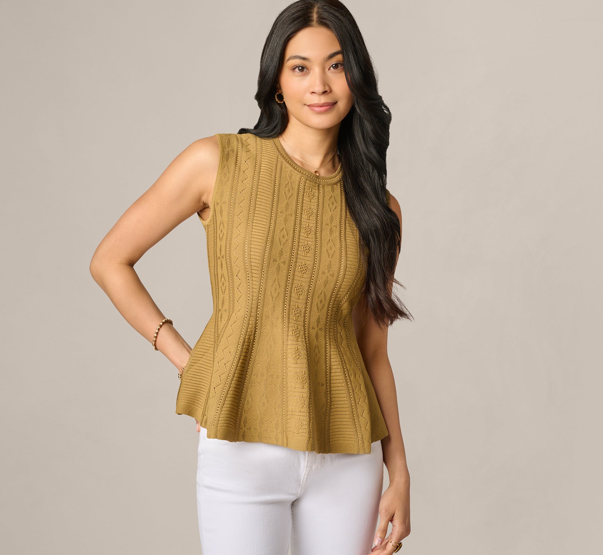 Flared Hem Open Pointelle Knit Tank Top In Earthy Green 1