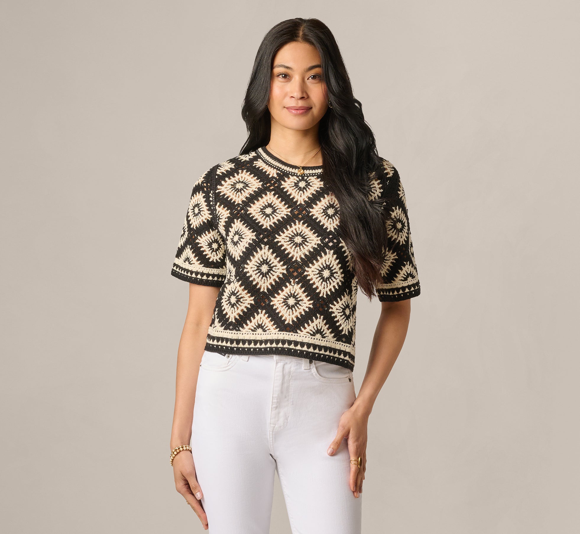 White Short Sleeve Open Diamond Knit Crochet Top - Adrianna Papell