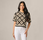 Short Sleeve Open Diamond Knit Crochet Top In Black Cream 3