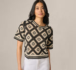 Short Sleeve Open Diamond Knit Crochet Top In Black Cream 1