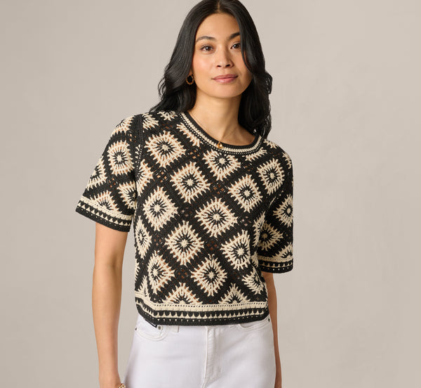 White Short Sleeve Open Diamond Knit Crochet Top - Adrianna Papell