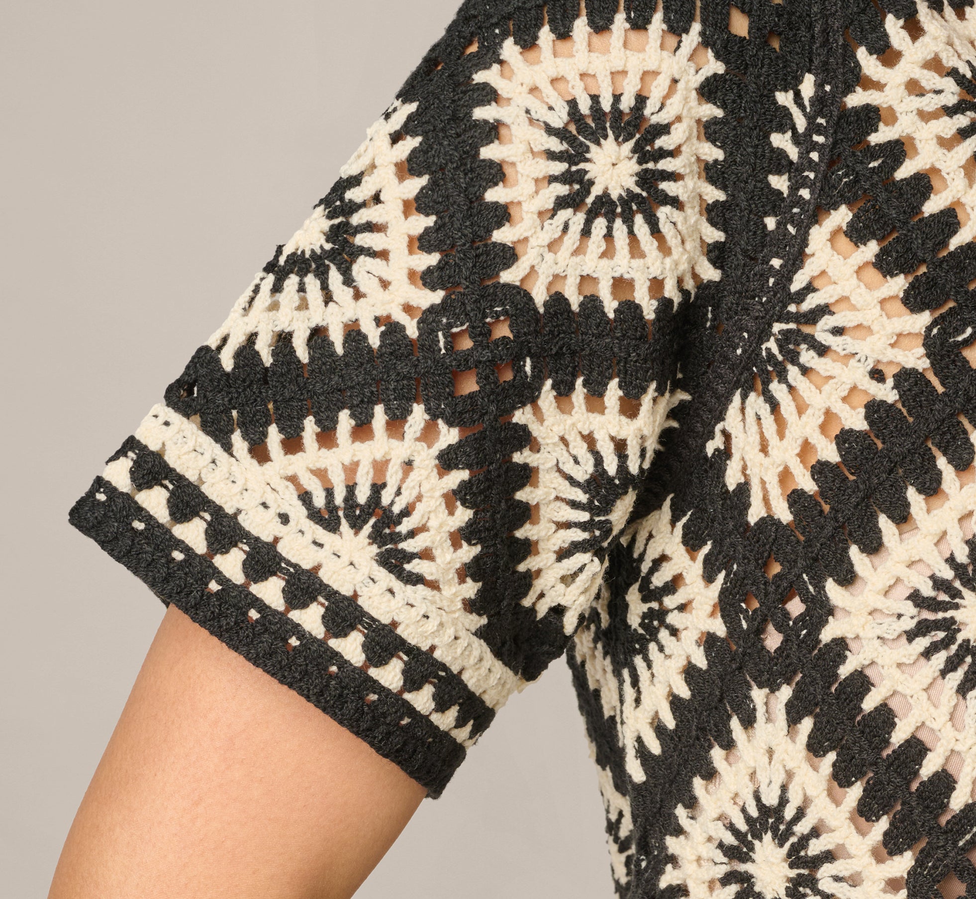 White Short Sleeve Open Diamond Knit Crochet Top - Adrianna Papell
