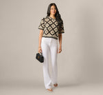 Short Sleeve Open Diamond Knit Crochet Top In Black Cream 2