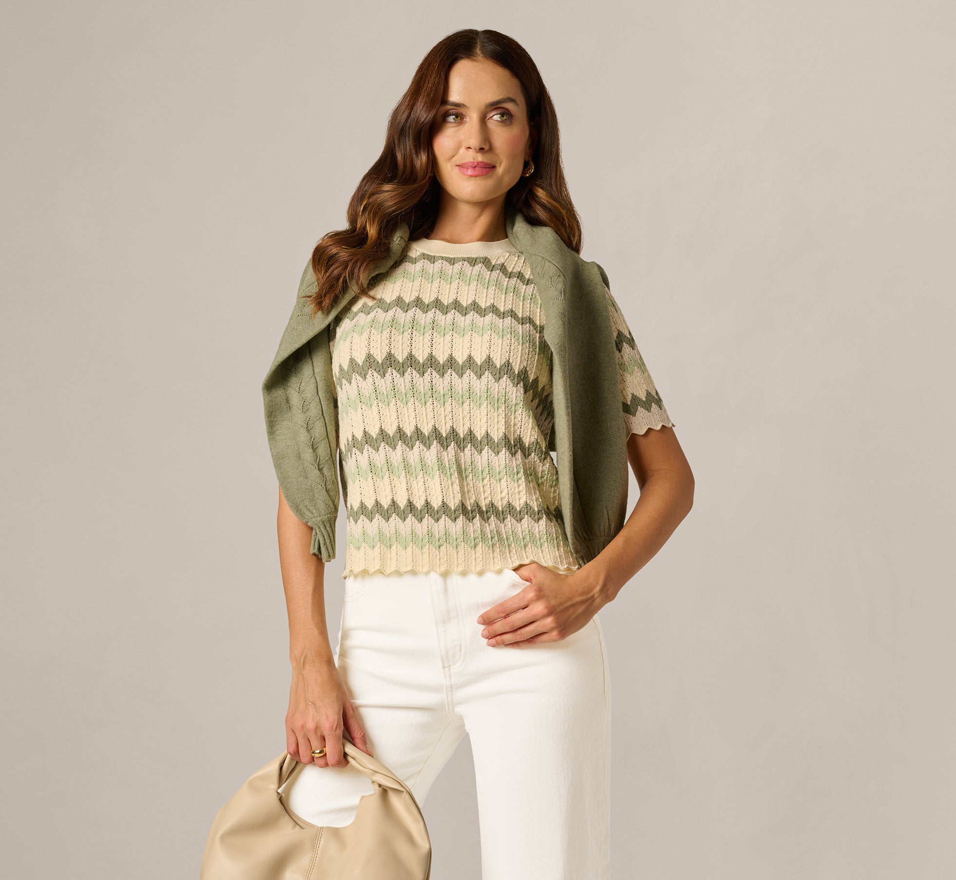 Short Sleeve Open Pointelle Scalloped Sweater In Dusty Sage Green Chevron 1