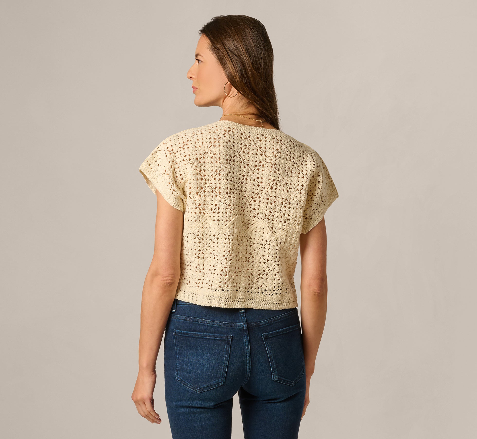 White Short Sleeve Open Crochet Top - Adrianna Papell