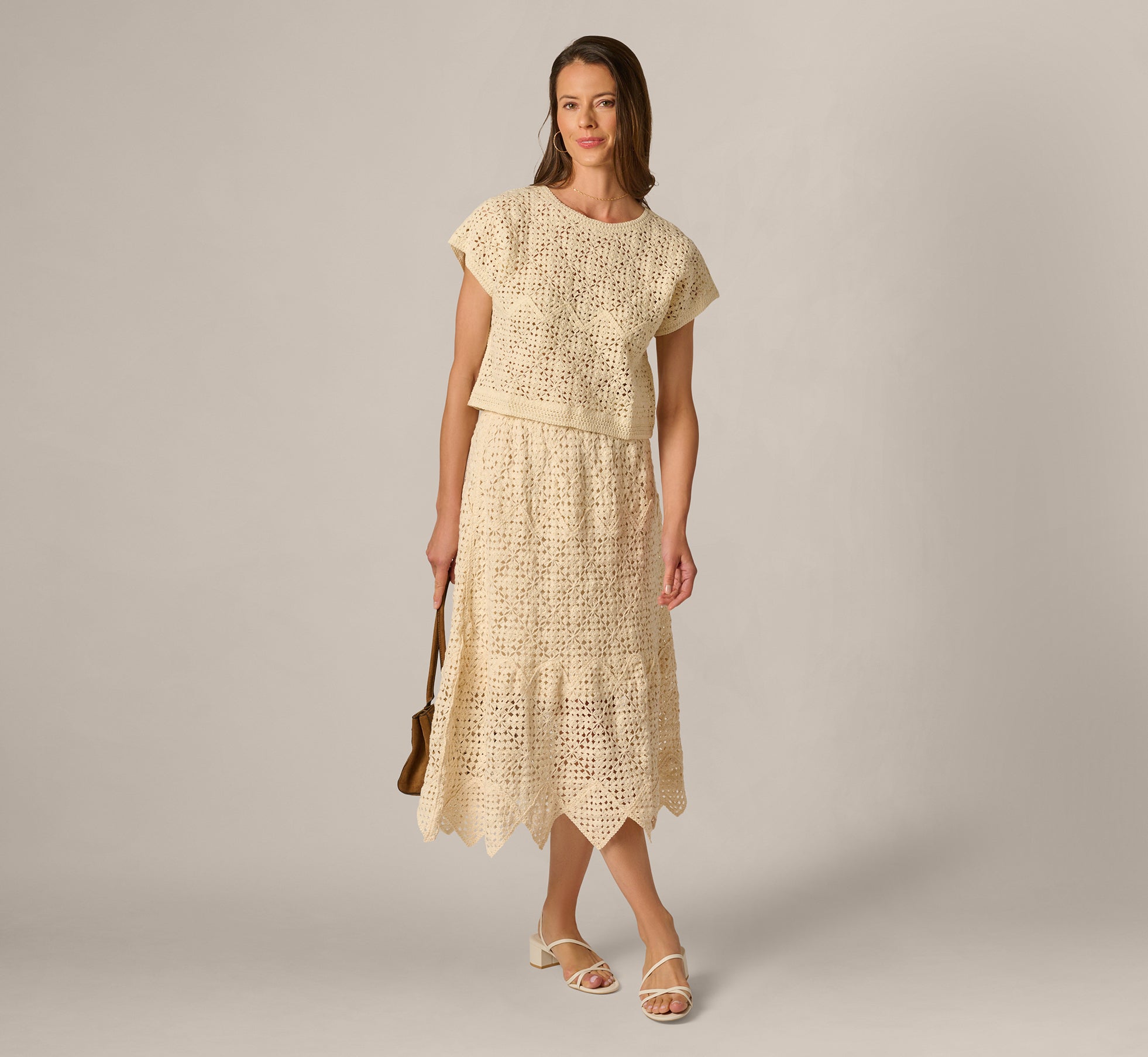 White Short Sleeve Open Crochet Top - Adrianna Papell