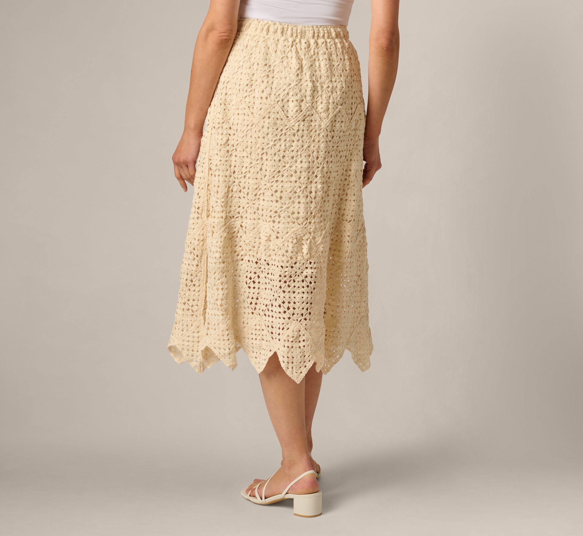 White Crochet Knit Dagger Hem Midi Skirt - Adrianna Papell