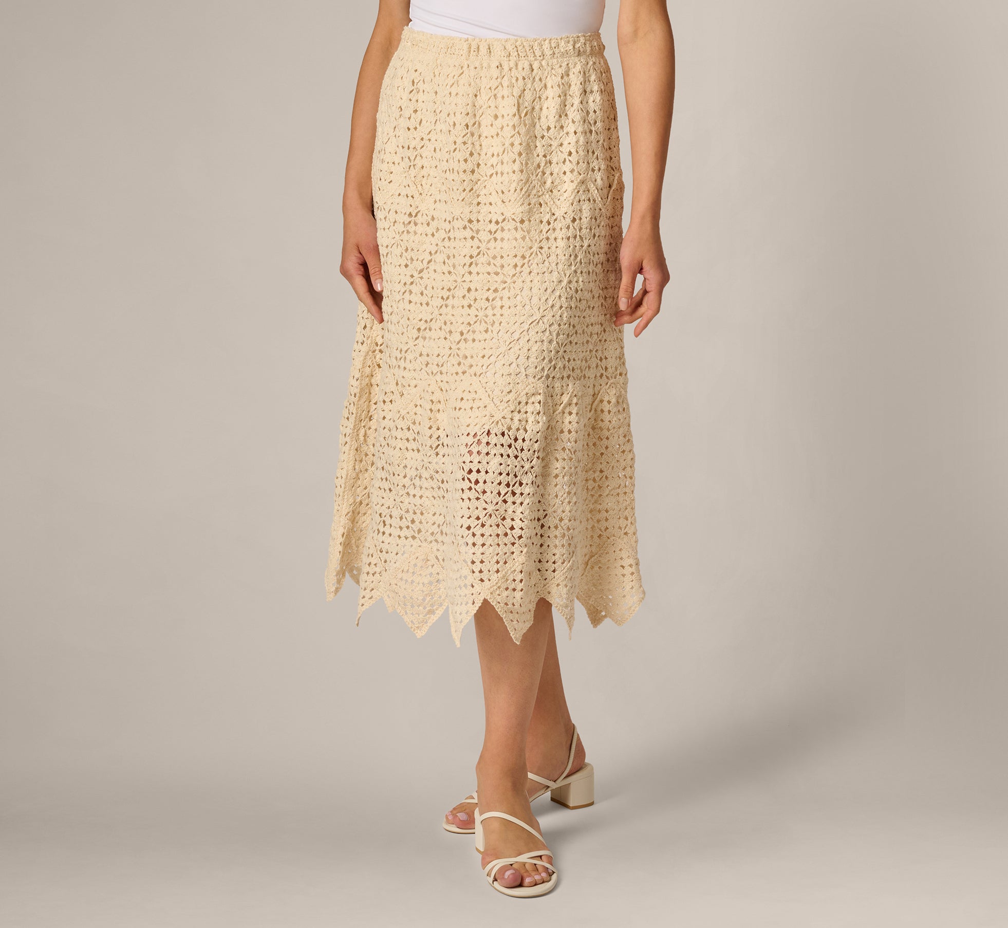 White Crochet Knit Dagger Hem Midi Skirt - Adrianna Papell