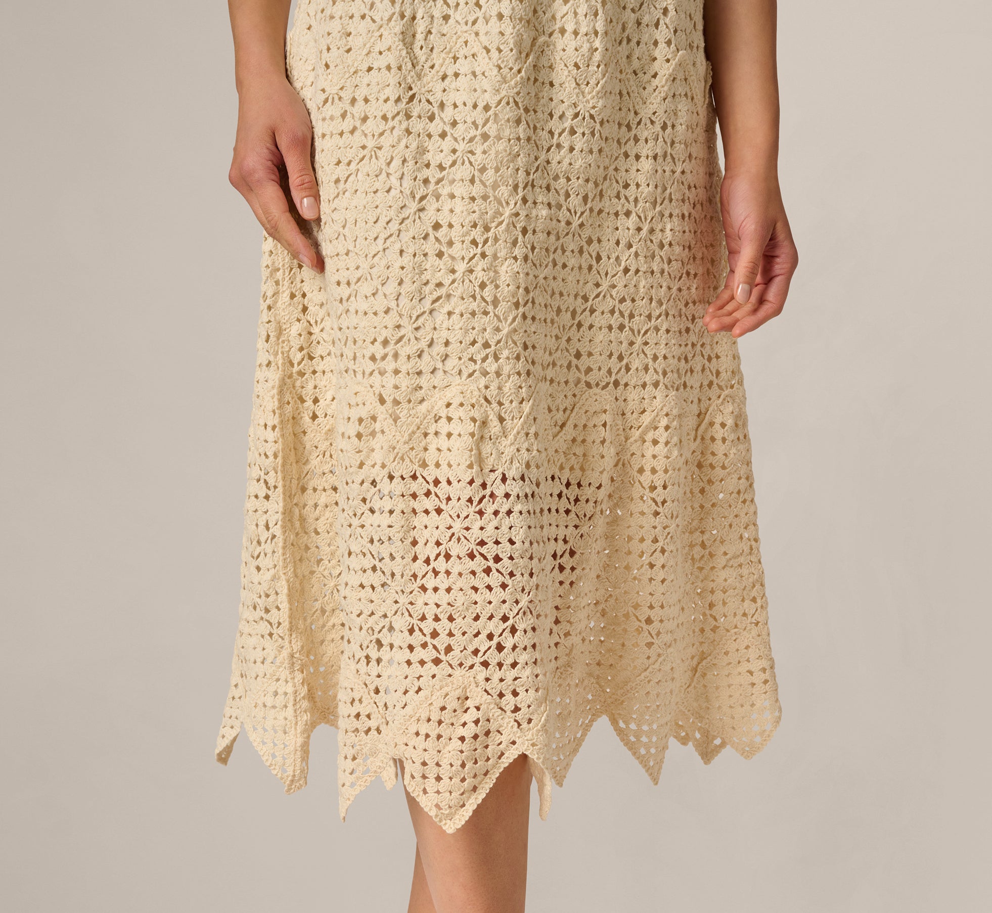 Cream Crochet Knit Dagger Hem Midi Skirt - Adrianna Papell