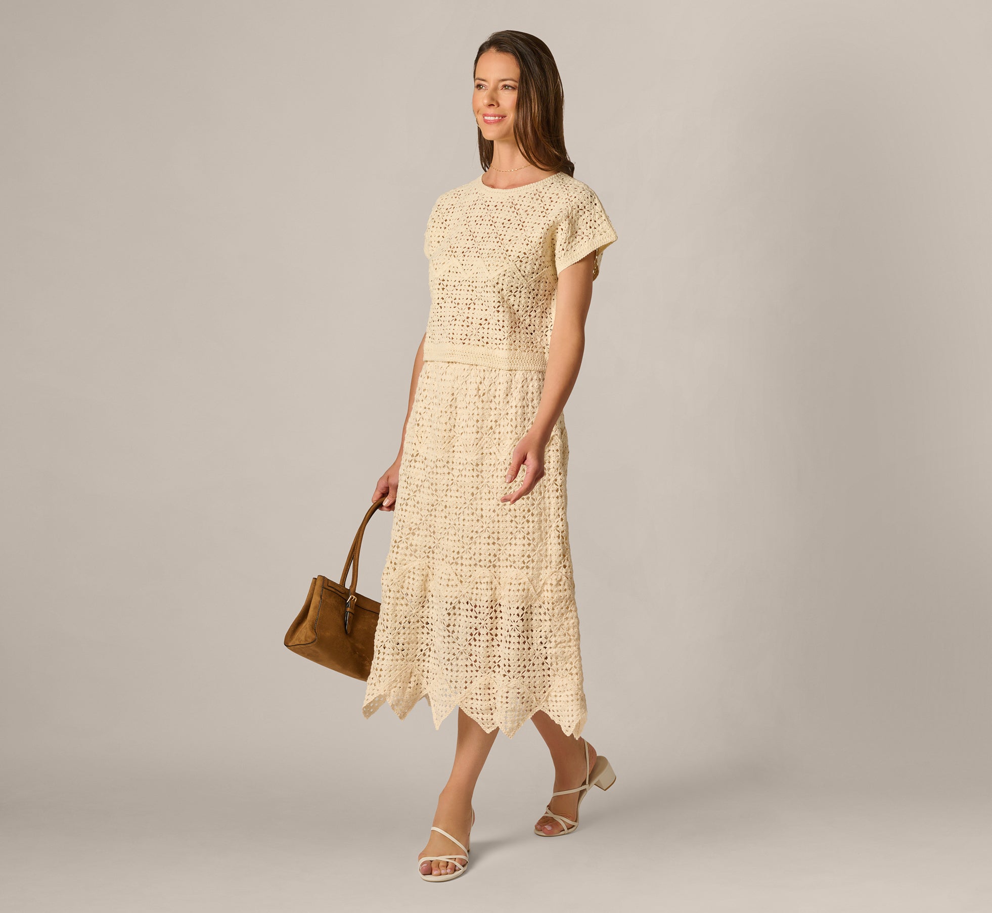 White Crochet Knit Dagger Hem Midi Skirt