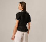 Open Knit Whipstitch Flounce Polo Sweater In Black Cream 7