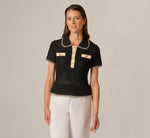 Open Knit Whipstitch Flounce Polo Sweater In Black Cream 4