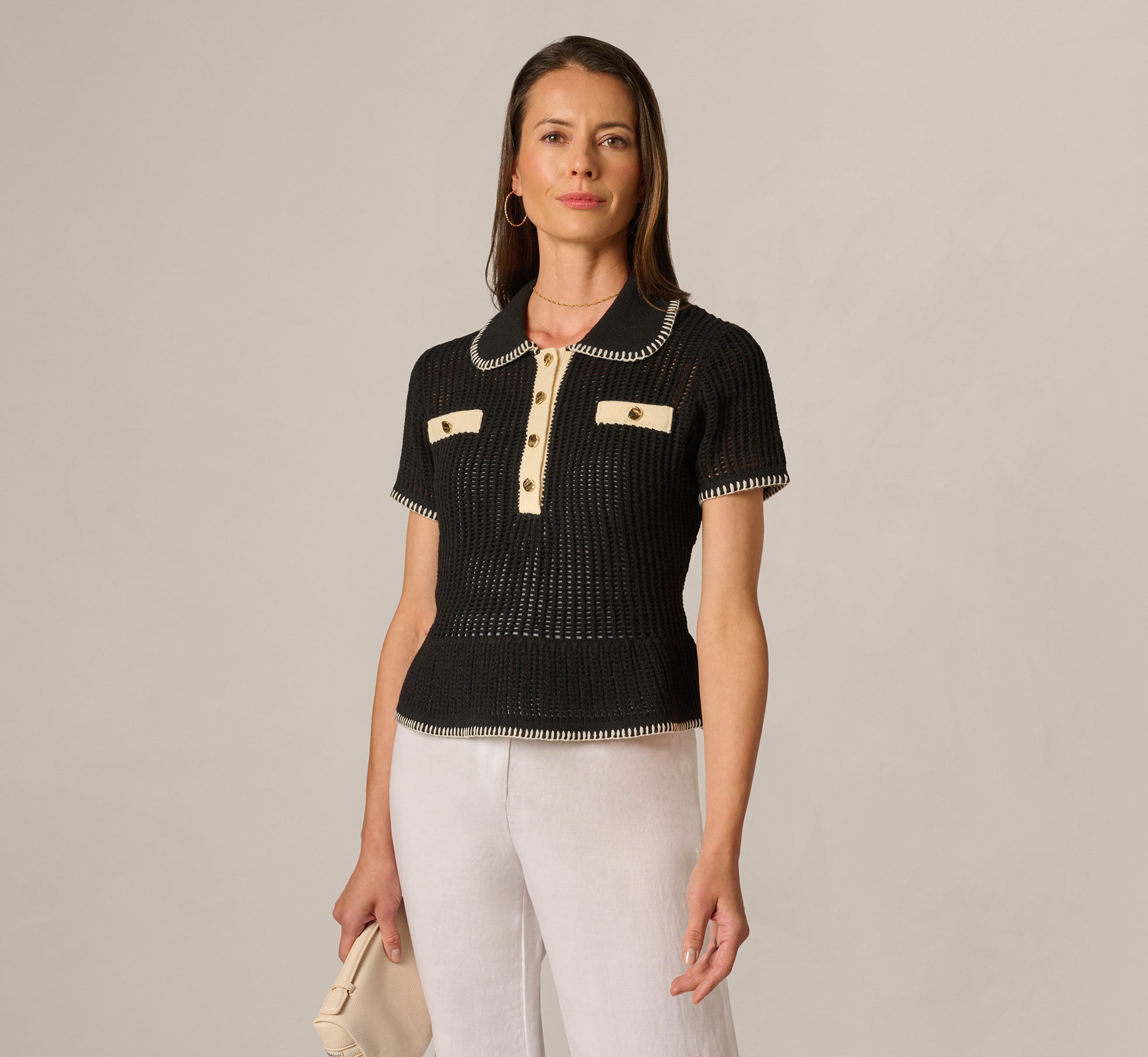 White Open Knit Whipstitch Flounce Polo Sweater - Adrianna Papell