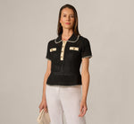 Open Knit Whipstitch Flounce Polo Sweater In Black Cream 2