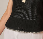 Open Knit Whipstitch Flounce Polo Sweater In Black Cream 6