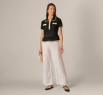 Open Knit Whipstitch Flounce Polo Sweater In Black Cream 3
