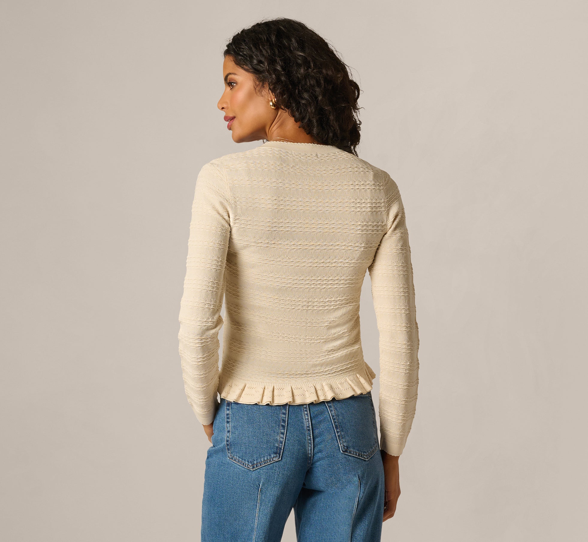 トップス Acka. frill hand knit cardigan White Ruffle Hem Cable Knit Cardigan Sweater - Adrianna Papell