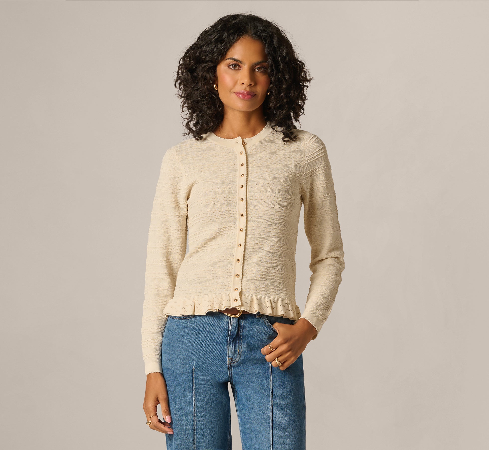 White Ruffle Hem Cable Knit Cardigan Sweater - Adrianna Papell