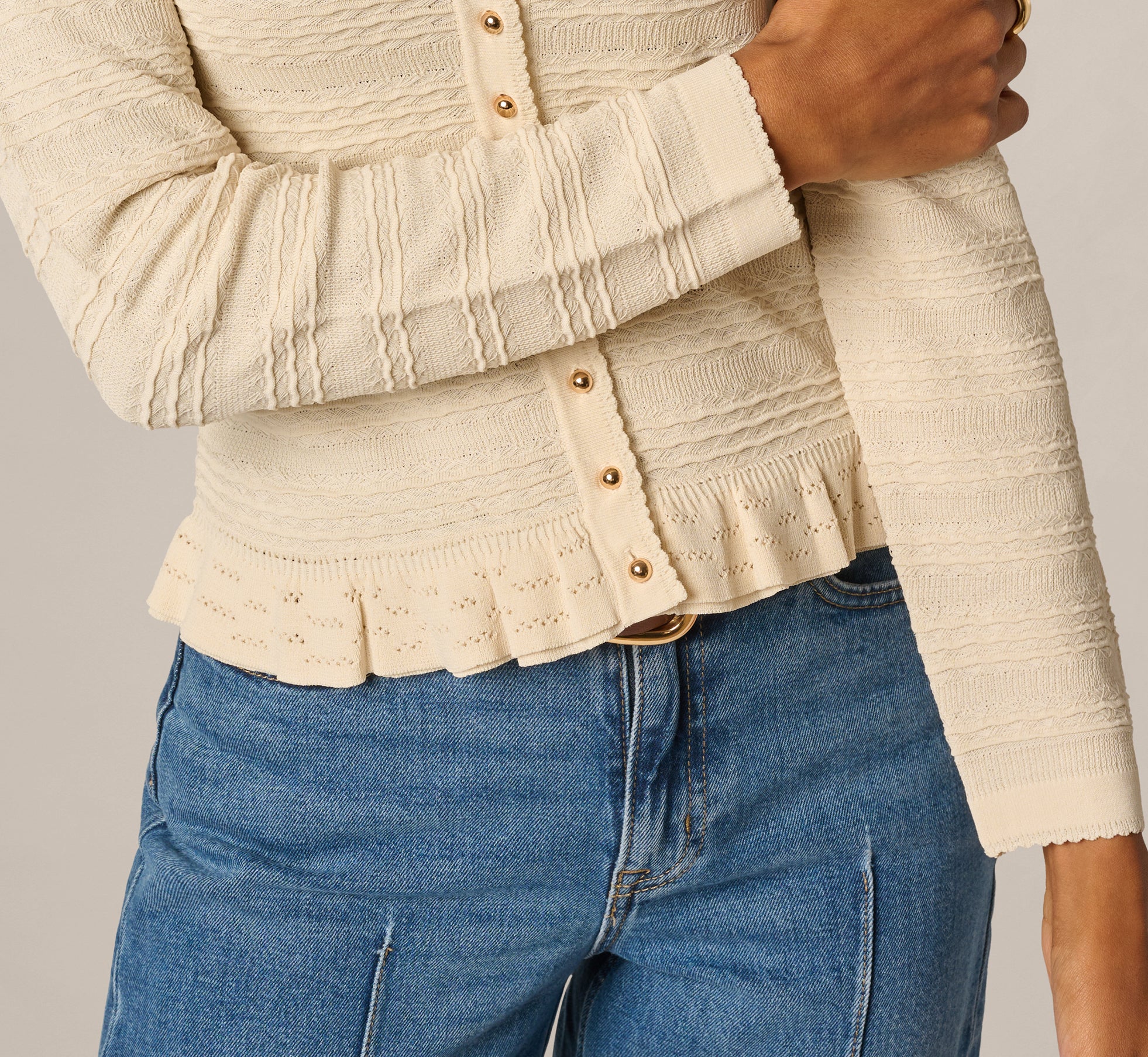 White Ruffle Hem Cable Knit Cardigan Sweater - Adrianna Papell