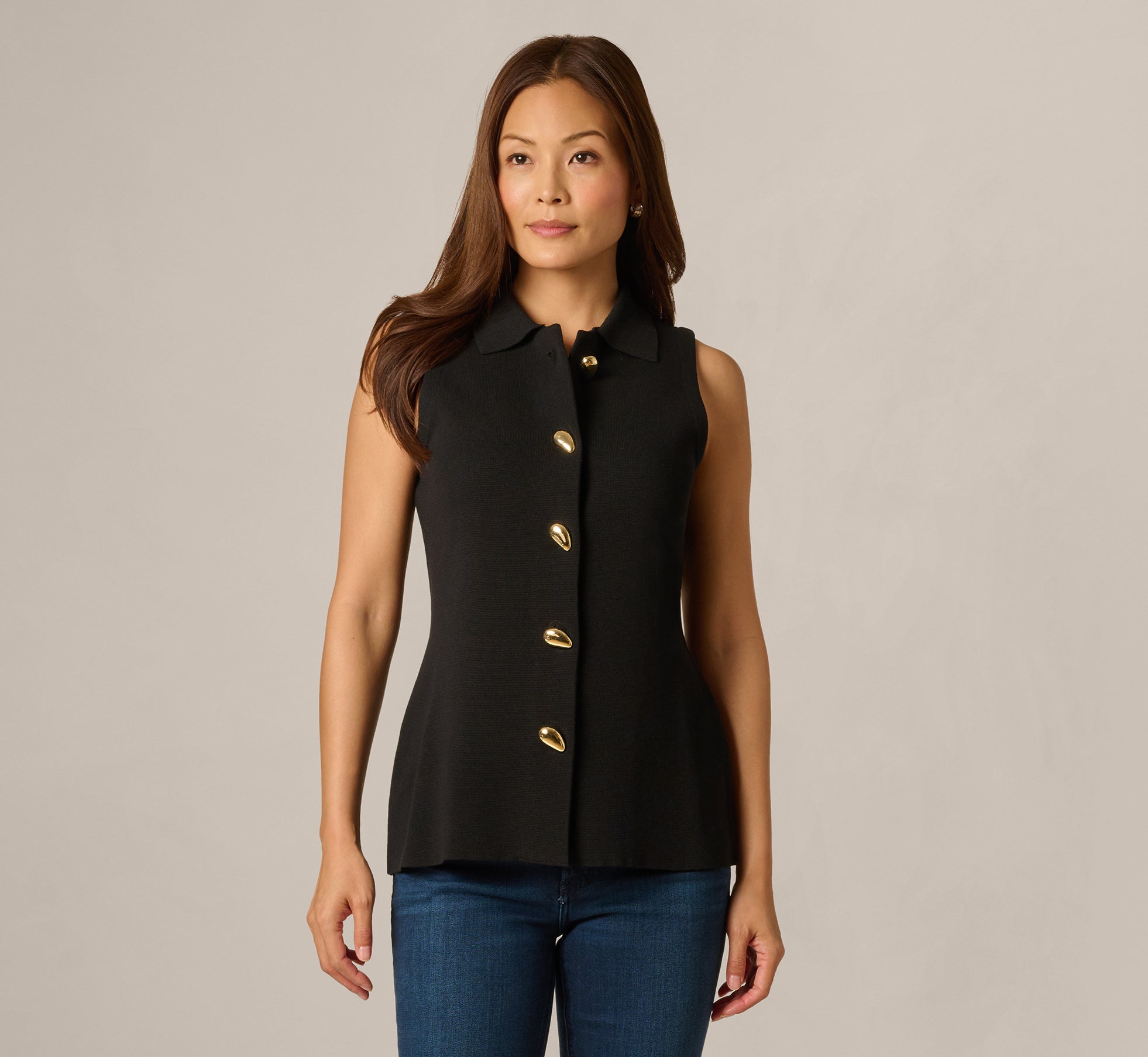 Black Abstract Button Front Knit Vest Top - Adrianna Papell
