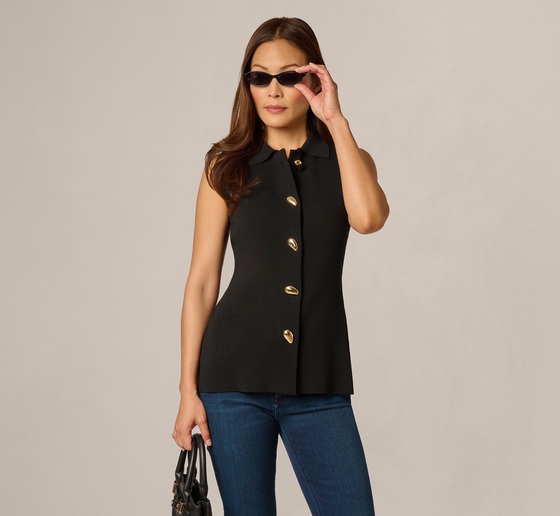 Abstract Button Front Knit Vest Top In Black 1