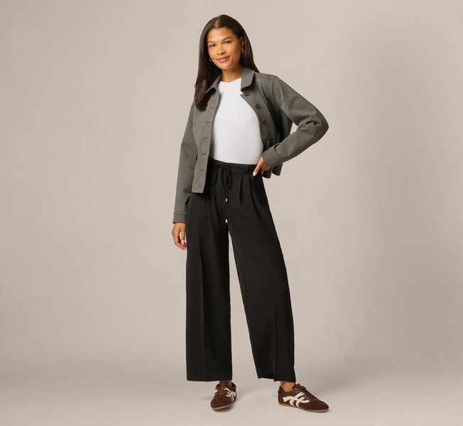 Black Tie Belt Airflow Pleated Wide Leg Pant - Adrianna Papell
