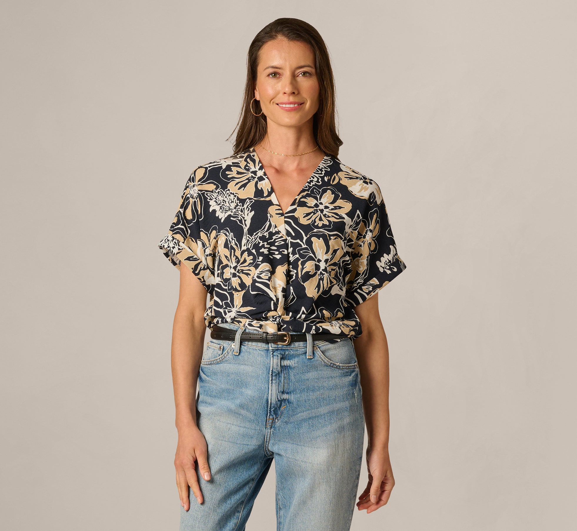 Short Sleeve Open Twist Front Top In Navy Ivory Whimsical Floral