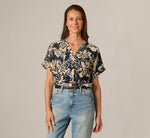 Short Sleeve Open Twist Front Top In Navy Ivory Whimsical Floral 2