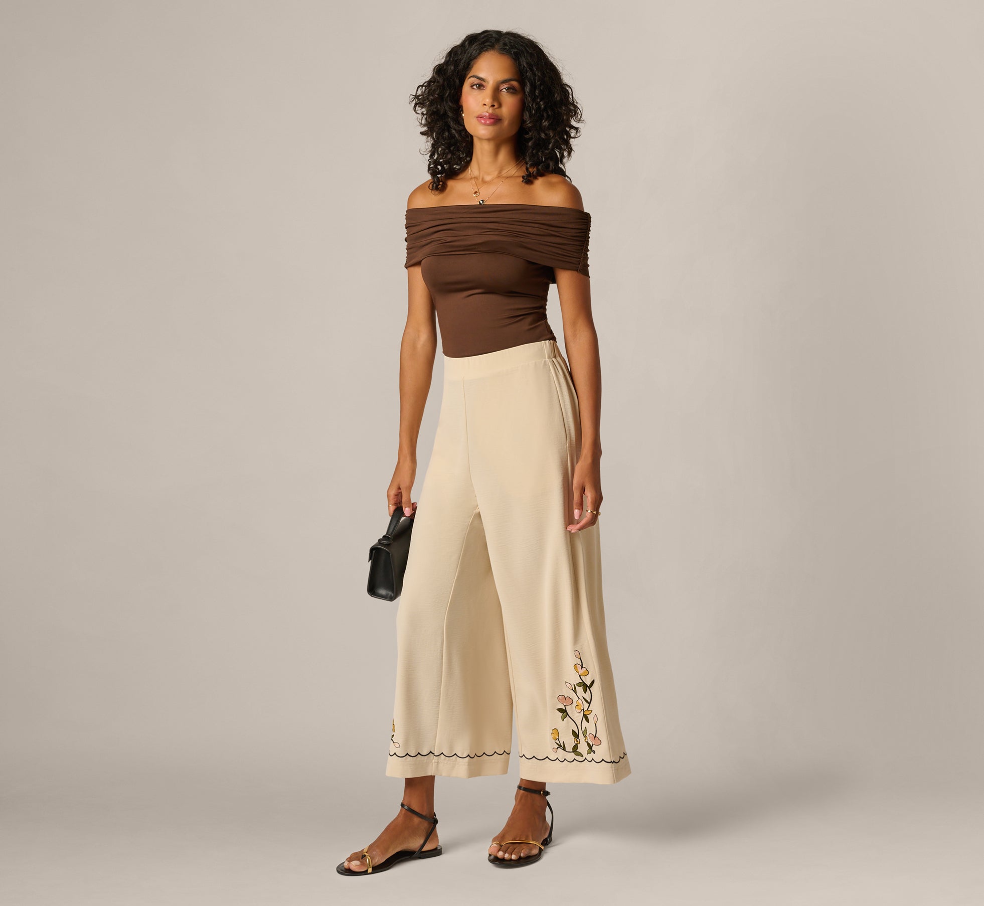 Pale Oak Floral Embroidery Wide Leg Pant - Adrianna Papell