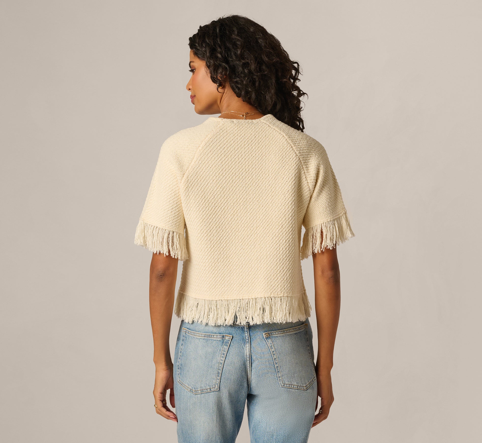 White Short Sleeve Textured Knit Raglan Fringe Sweater - Adrianna