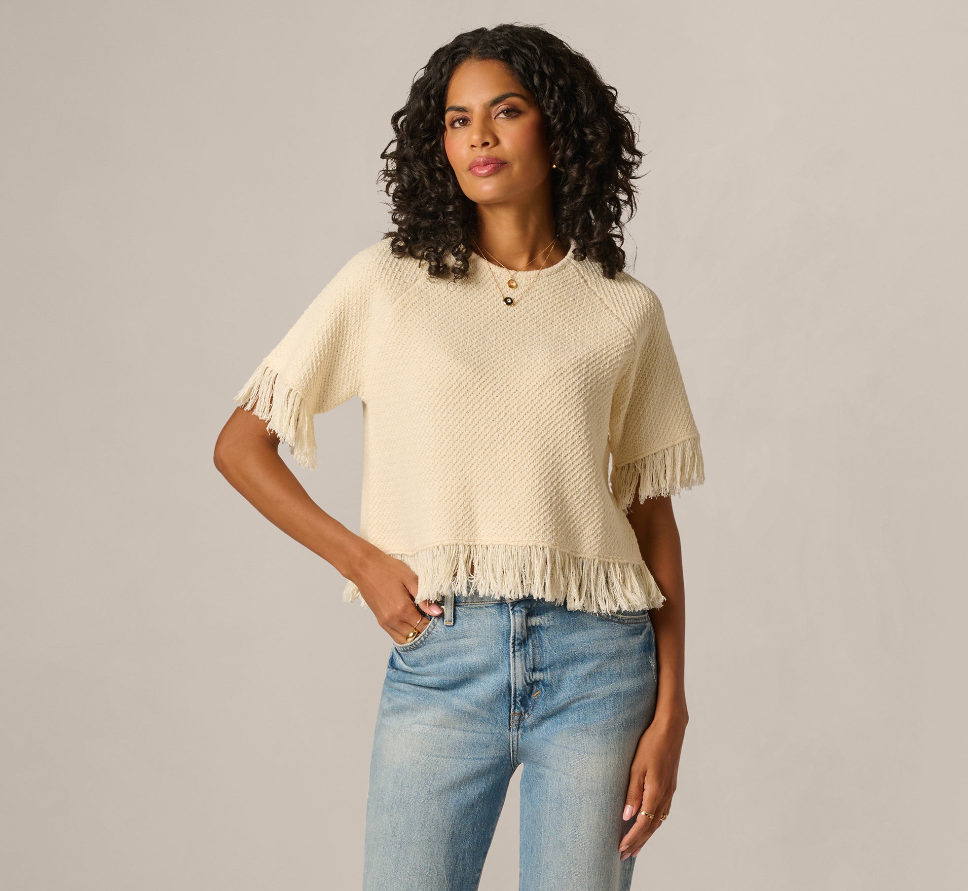 White Short Sleeve Textured Knit Raglan Fringe Sweater - Adrianna