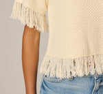 Short Sleeve Textured Knit Raglan Fringe Sweater In Cream 4