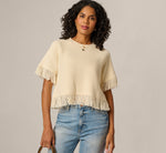 Short Sleeve Textured Knit Raglan Fringe Sweater In Cream 1