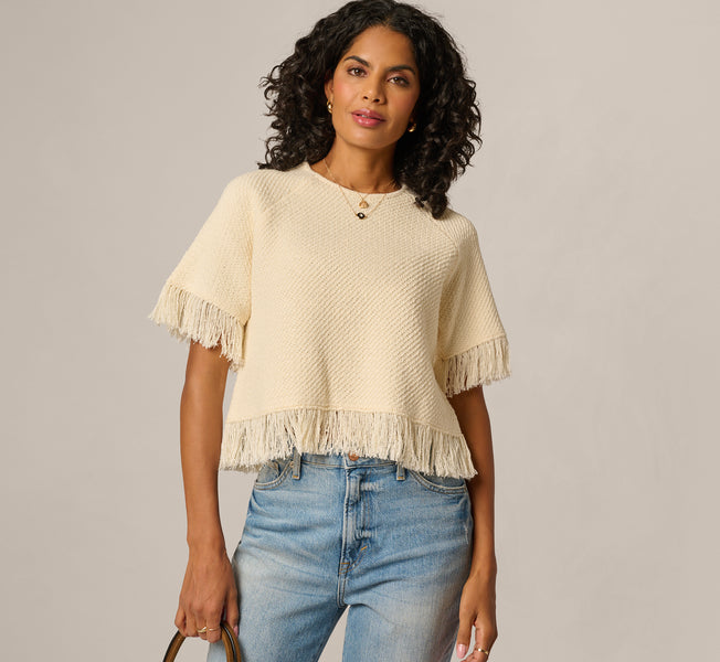 White Short Sleeve Textured Knit Raglan Fringe Sweater - Adrianna