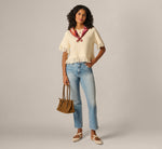 Short Sleeve Textured Knit Raglan Fringe Sweater In Cream 2